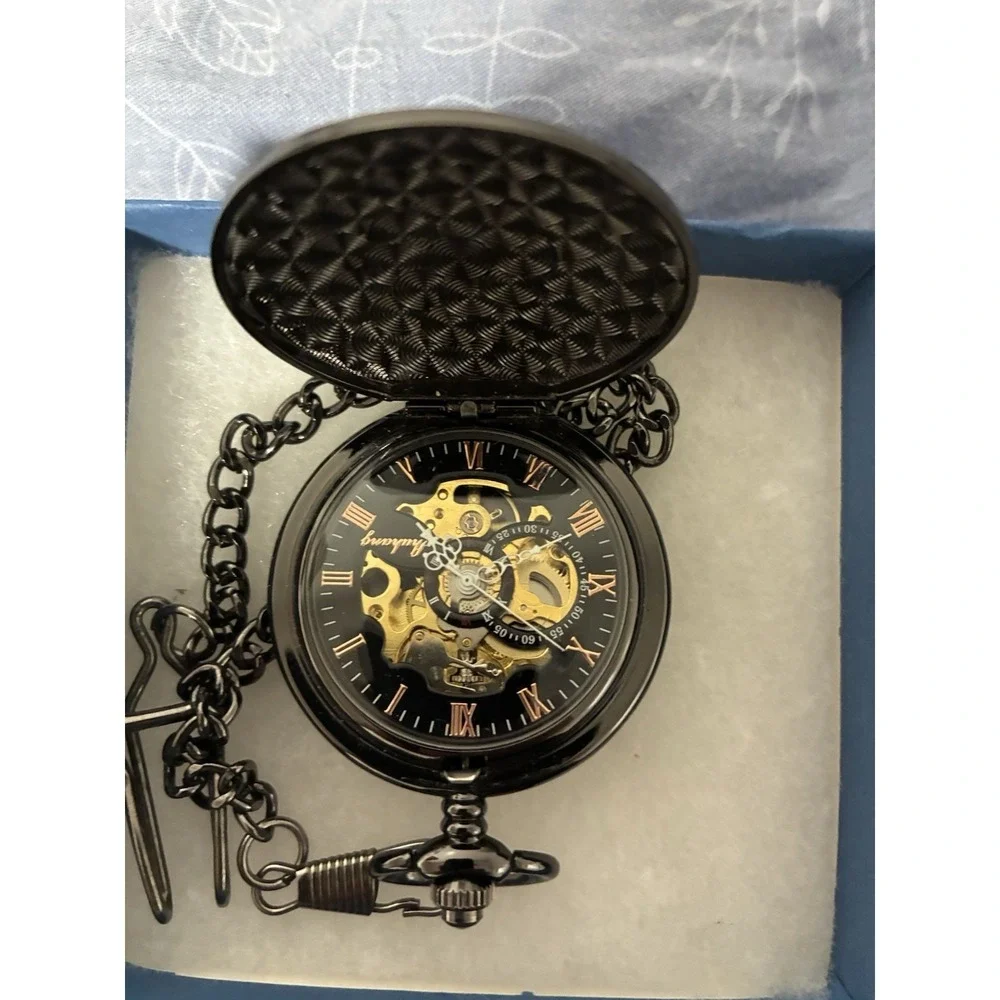 Fhuhang PocketWatch Black Skeleton Mechanical Roman Numeral Steampunk with Chain